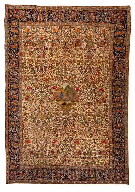 A CARPET, a semi-antique Tabriz probably, figural, ca 325,5 x 226 cm.
