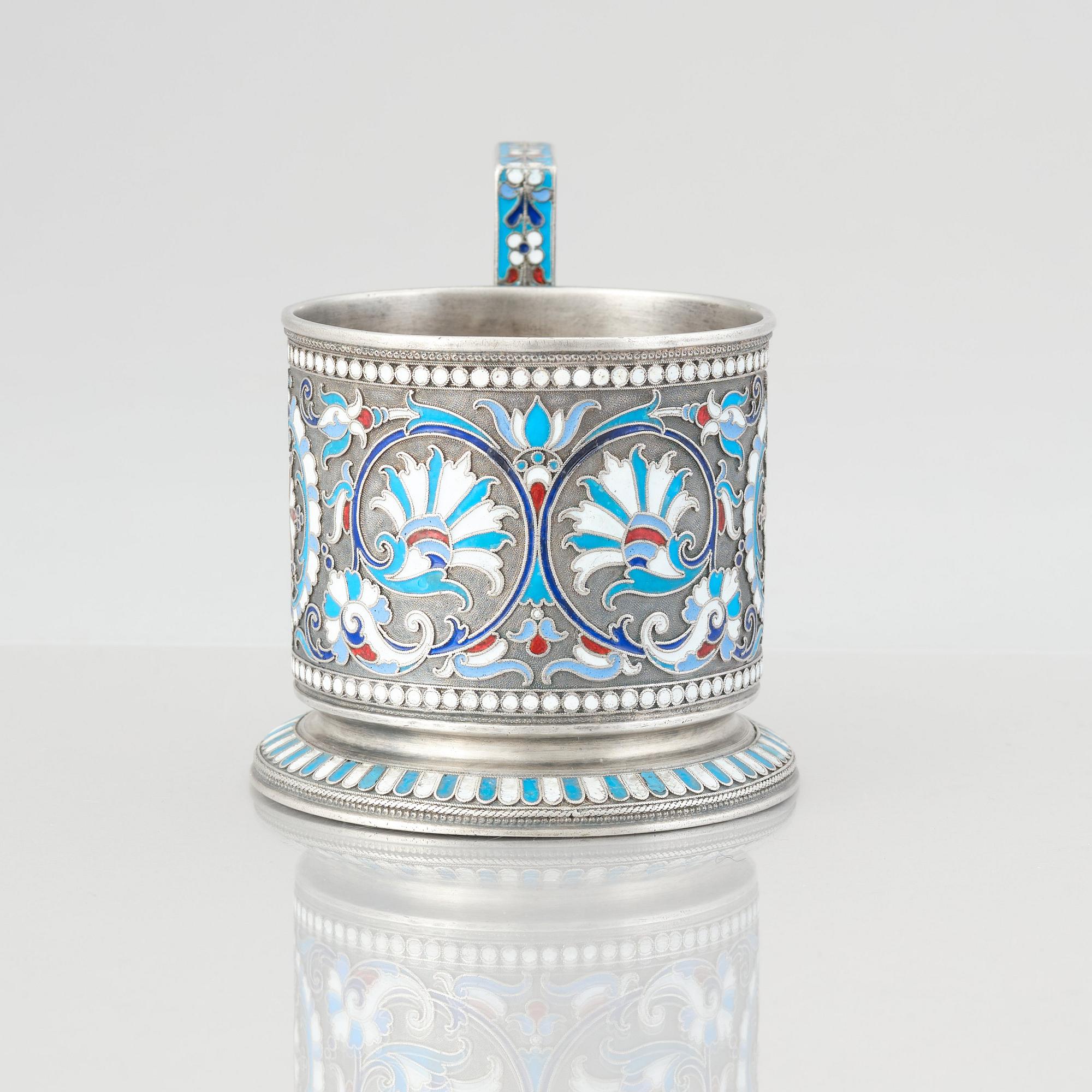 A Russian silver and enamel tea-glass holder, Moscow 1899-1908. Possibly Vasily Agafonov.