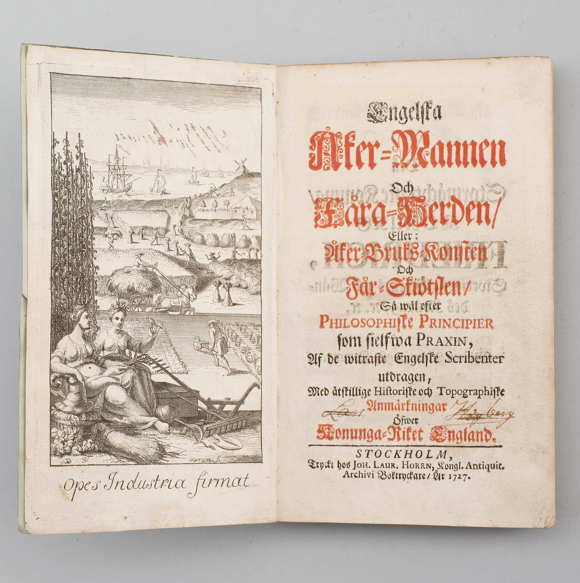 BOK: Engelska åker-mannen och fåra-herden, tryckt hos Joh Laur Horrn, Stockholm 1727.
