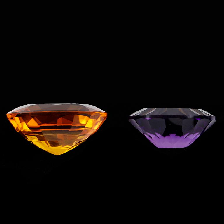 ÄDELSTENAR, 2 st, ametist och citrin, oinfattade.