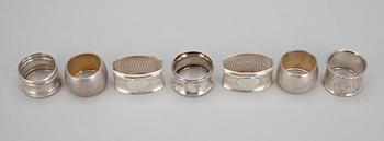 SERVIETTRINGAR, 7 st, silver, diverse stämplar. Vikt tot. 127 g.