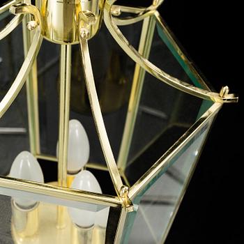A 20th century brass hexagon hall ceiling lantern for three lights.