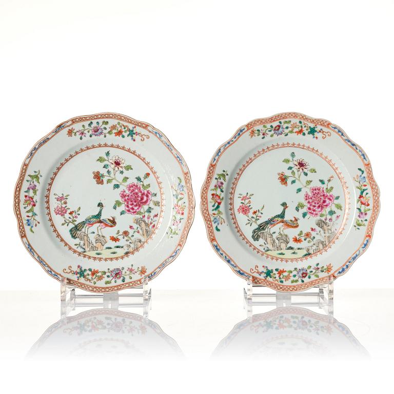 A set of six famille rose 'double peacock' dishes, Qing dynasty, Qianlong (1736-95).