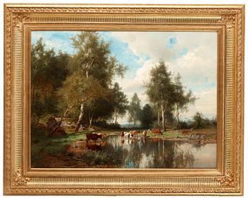 Edvard Bergh, Forest landscape with birch trees and cows by water.