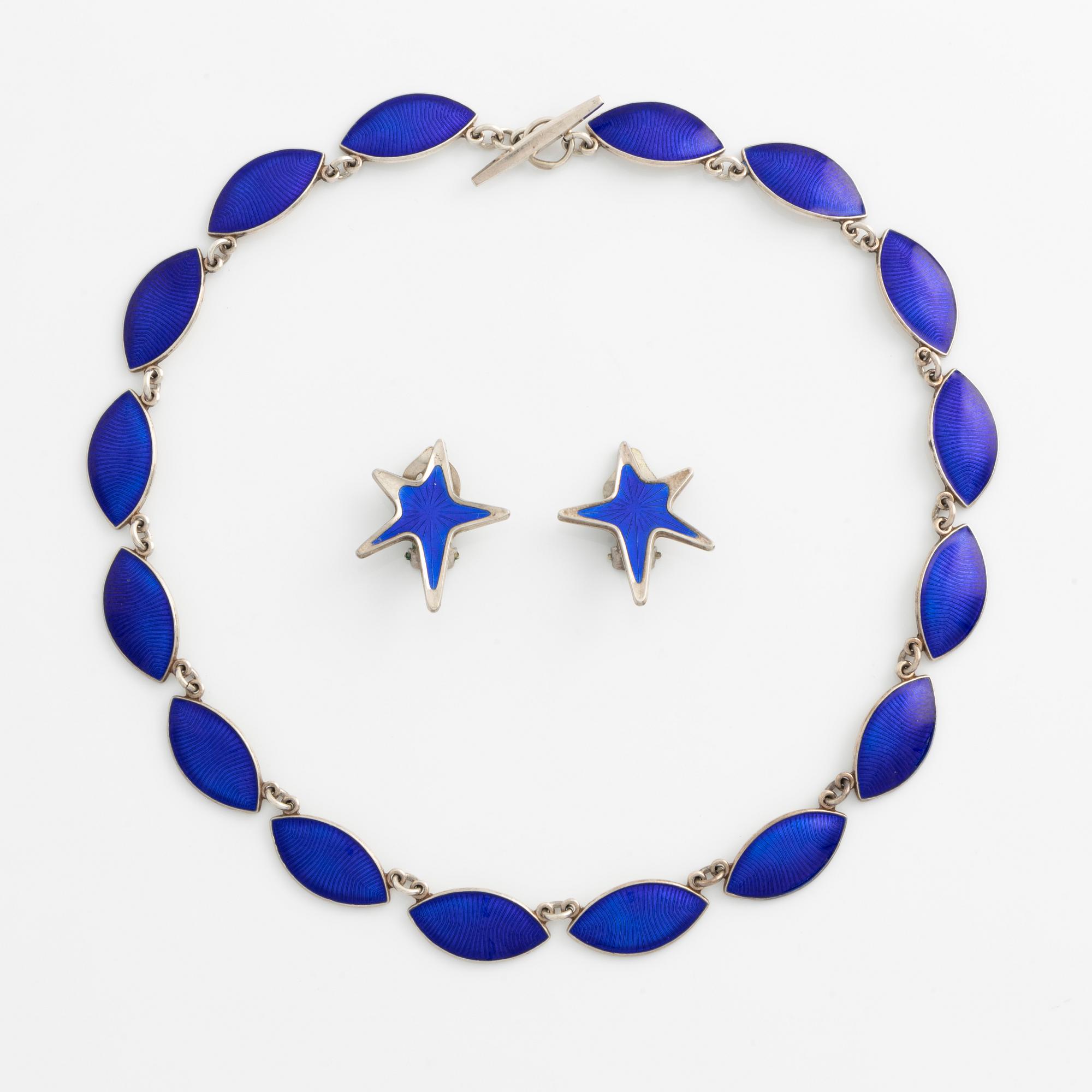 Collier and earrings, Meka and Volmer Bahner silver and blue enamel, Denmark.