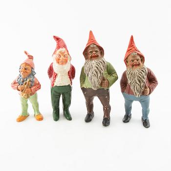 A collection of gnomes, 8 pcs, mostly Germany, first half/mid 20th century, painted terracotta.