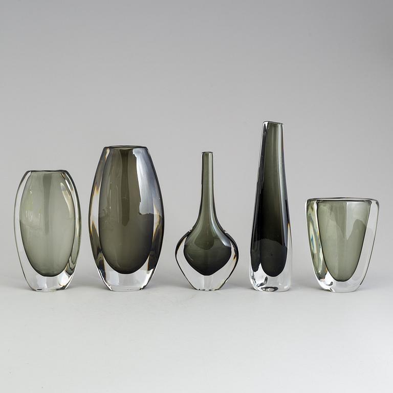 NILS LANDBERG, vaser, 5 st, Orrefors, signerade, 1900-talets mitt.