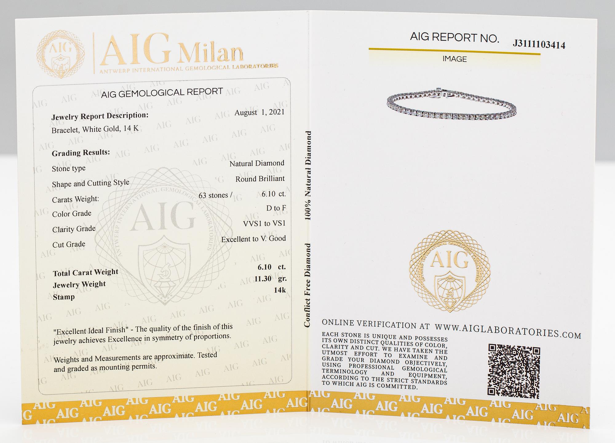 Tennisrannekoru, 14K valkokultaa, timantteja n. 6.10 ct yht. AIG -todistuksella.