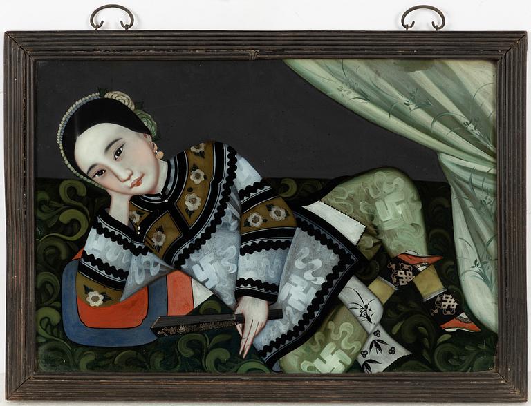 Glasmålningar, ett par, Kina, 1900-tal.