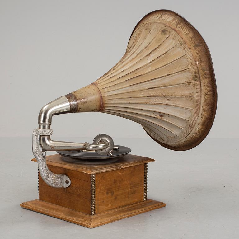 A funnel gramophone, early 20th century.