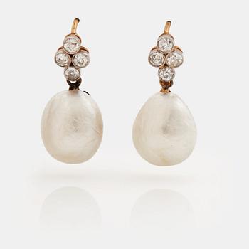 848. A pair of natural drop shaped saltwater pearl and old-cut diamond earrings.
