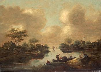Klaes (Nicolaes) Molenaer Hans krets, Flodlandskap med figurer vid båt.