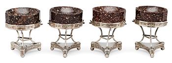 693. A set of four Swedish silver and different porphyry salts, by Johan Malmstedt, Göteborg 1820.
