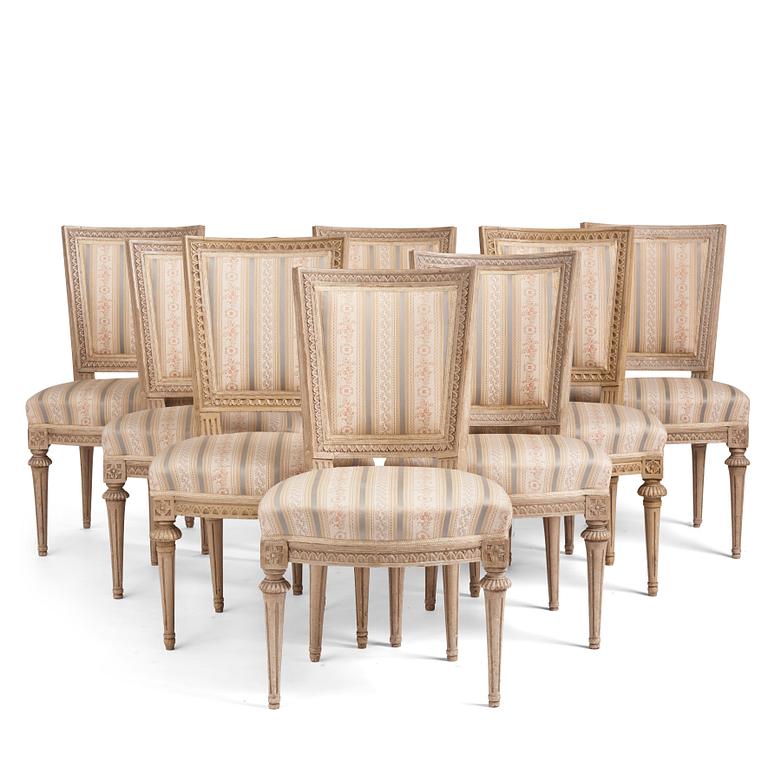 An assembled suite of eight Gustavian chairs, six of which by J. Lindgren (master 1770-1800).