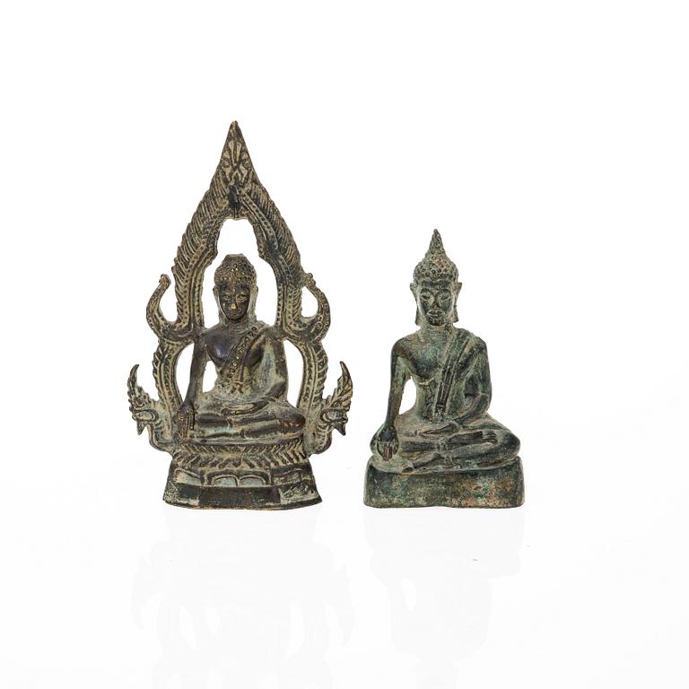 BUDDHA SKULPTURER, 2 st, brons, Thailand 1900-tal.