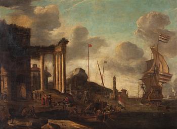 840. Abraham Storck Circle of, A port by the Mediterranean with boats and figures.
