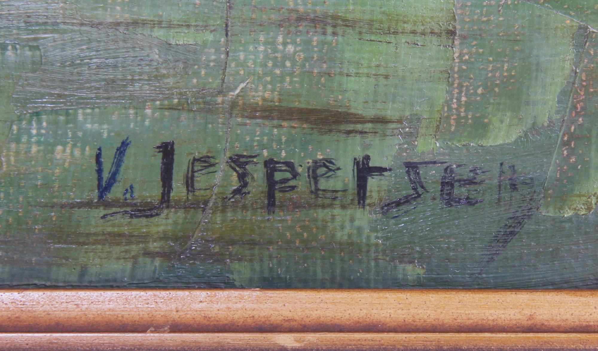OKÄND KONSTNÄR. Olja på duk, bär sign V Jespersen.