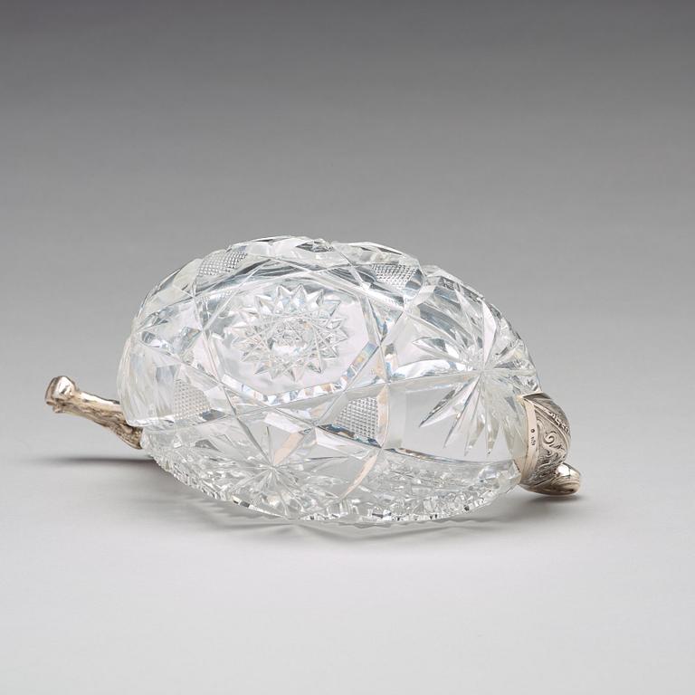 A Russian early 20th century silver and glass kovsh, marked Gratchev, Moscow 1899-1908.