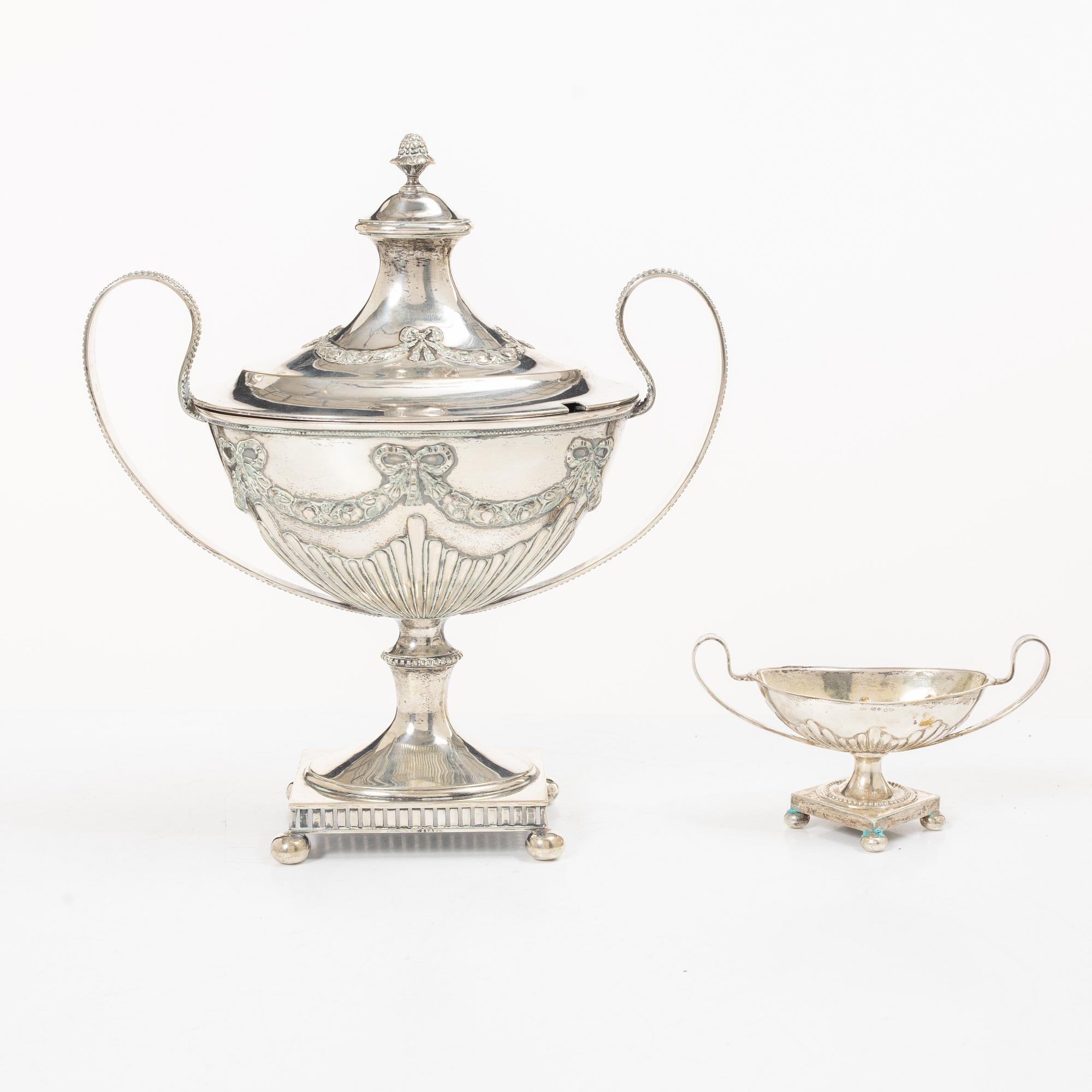 Sugar bowl, sugar spoon and salt cellar, silver, CG Hallberg and GAB, Stockholm, 1899–1917.