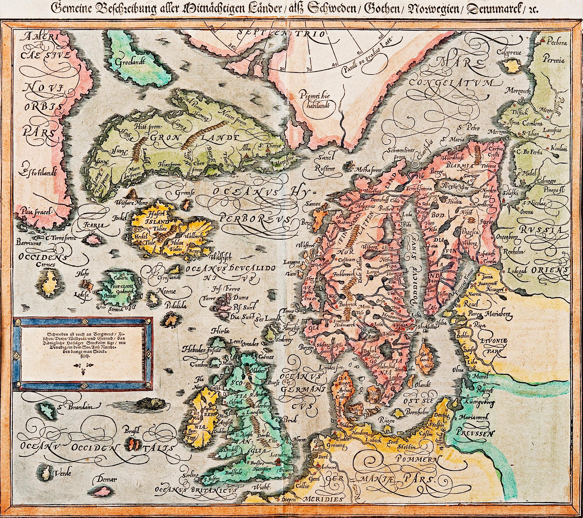 KARTA, Skandinavien. Septentrionales-Scandinavia. Sebastian Münster 1588-1628.