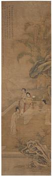 Gu Jianlong Hans art., Eleganta hovdamer vid bord med antikviteter i en palatsträdgård med klippformationer och bananplantor.