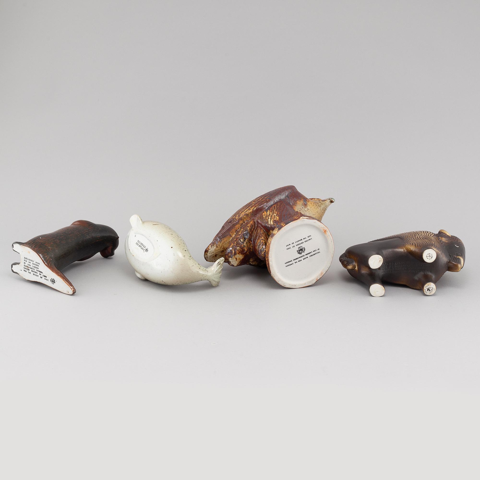 FIGURINER, 4 st, ur serien "Utrotningshotade djur" för WWF, Lisa Larsson, Gustavsberg, produktionsår 1975-1981.