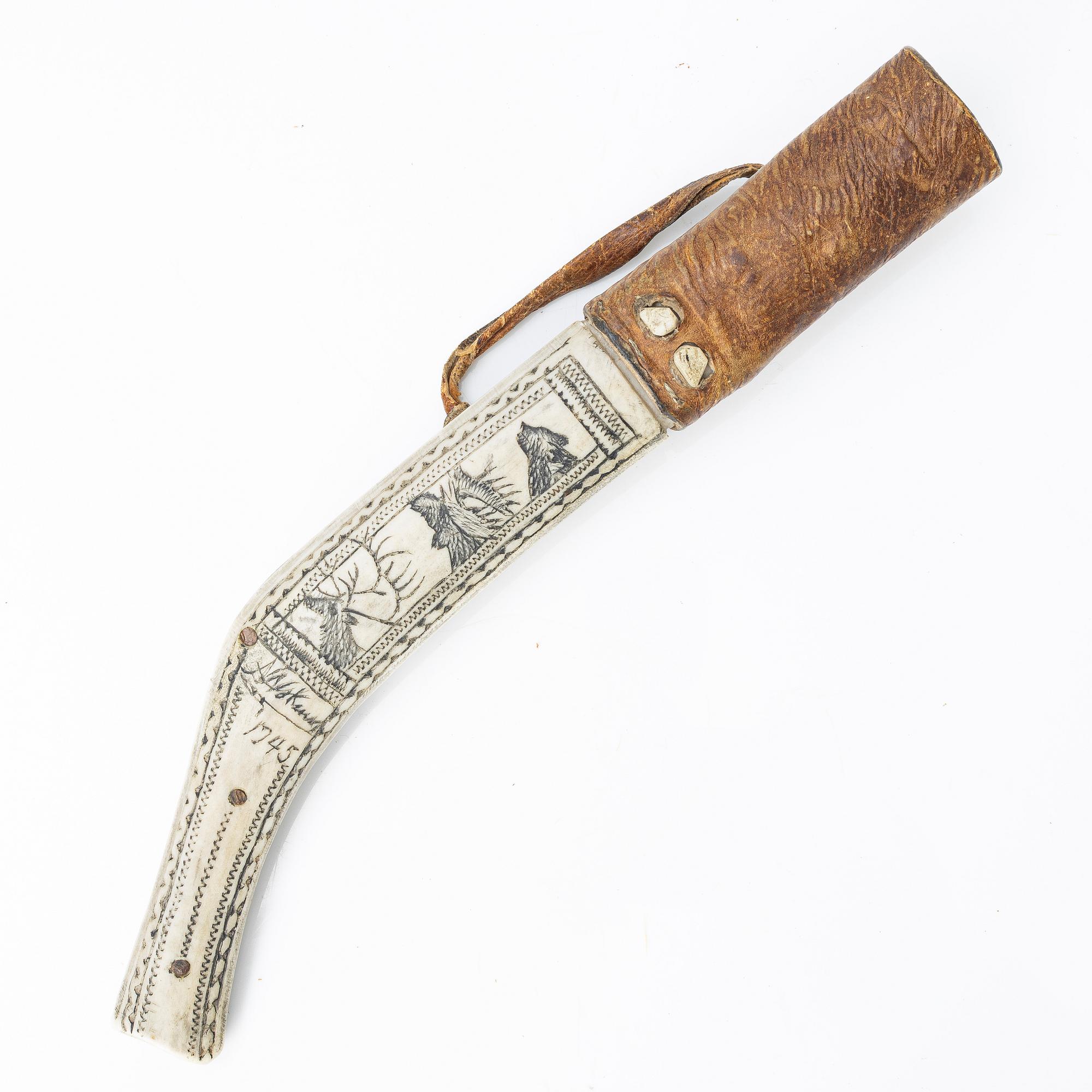 Nils Nilsson Skum, knife sheath, signed and dated 1945.