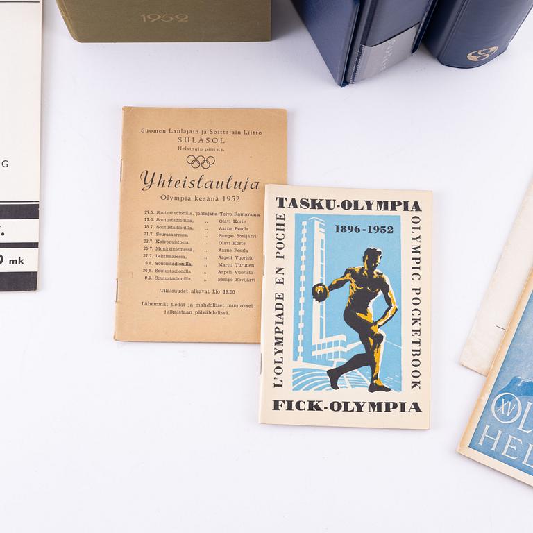 Olympic memorabilia: tickets, stamps, and cards.