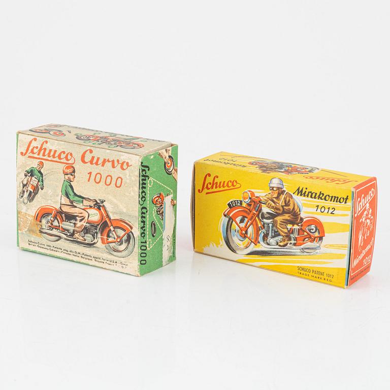 Schuco, motorcycles 2 pcs, "Mirakomot 102" and "Curvo 1000", Germany, mid-20th century.
