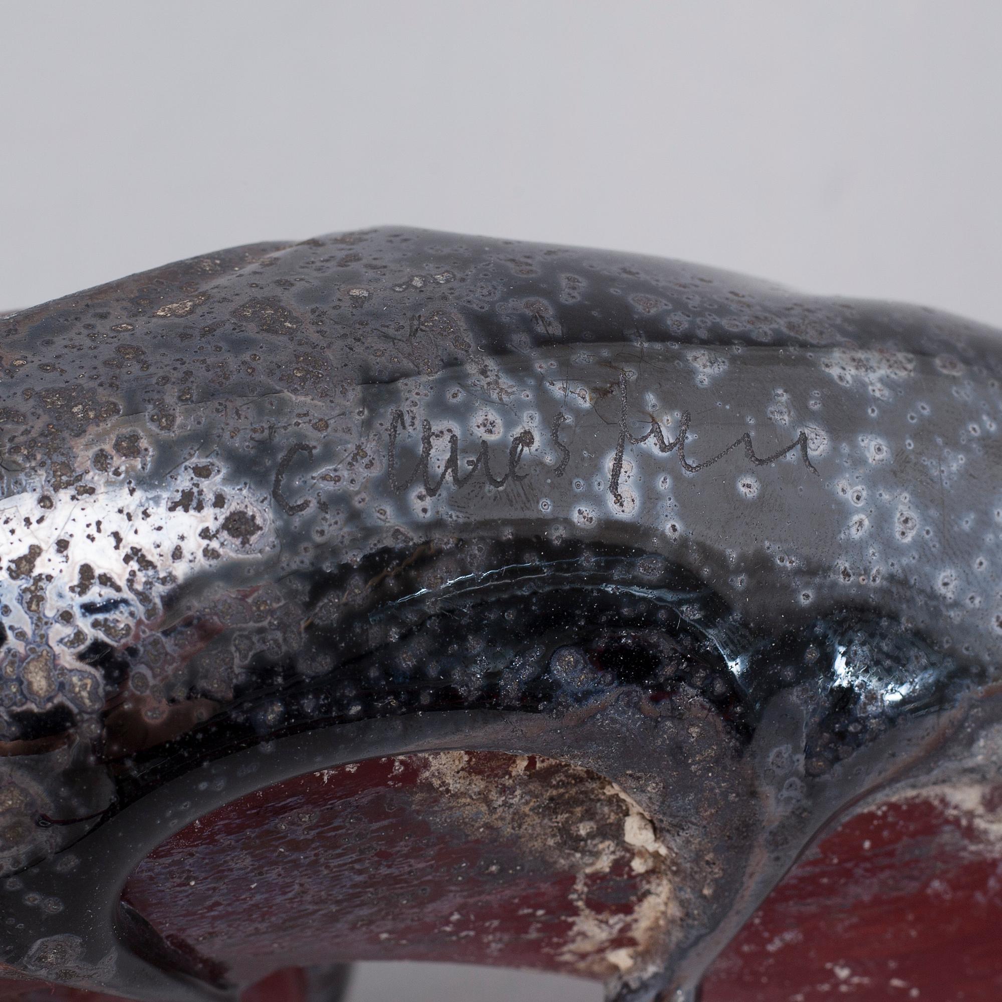 two glass objects, signed.