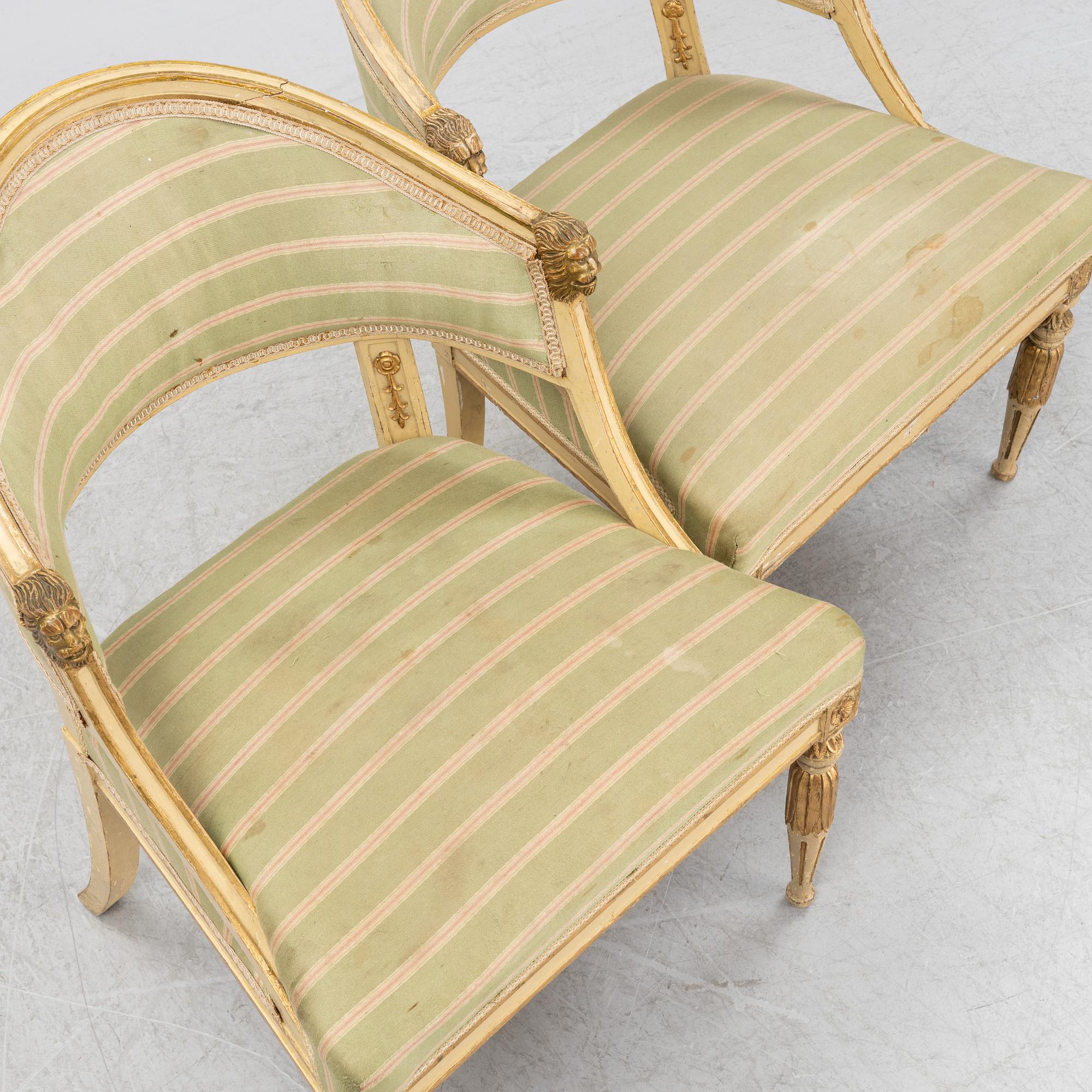 A matched pair of Gustavian style armchairs. One from around the year 1800 and one from around the year 1900.
