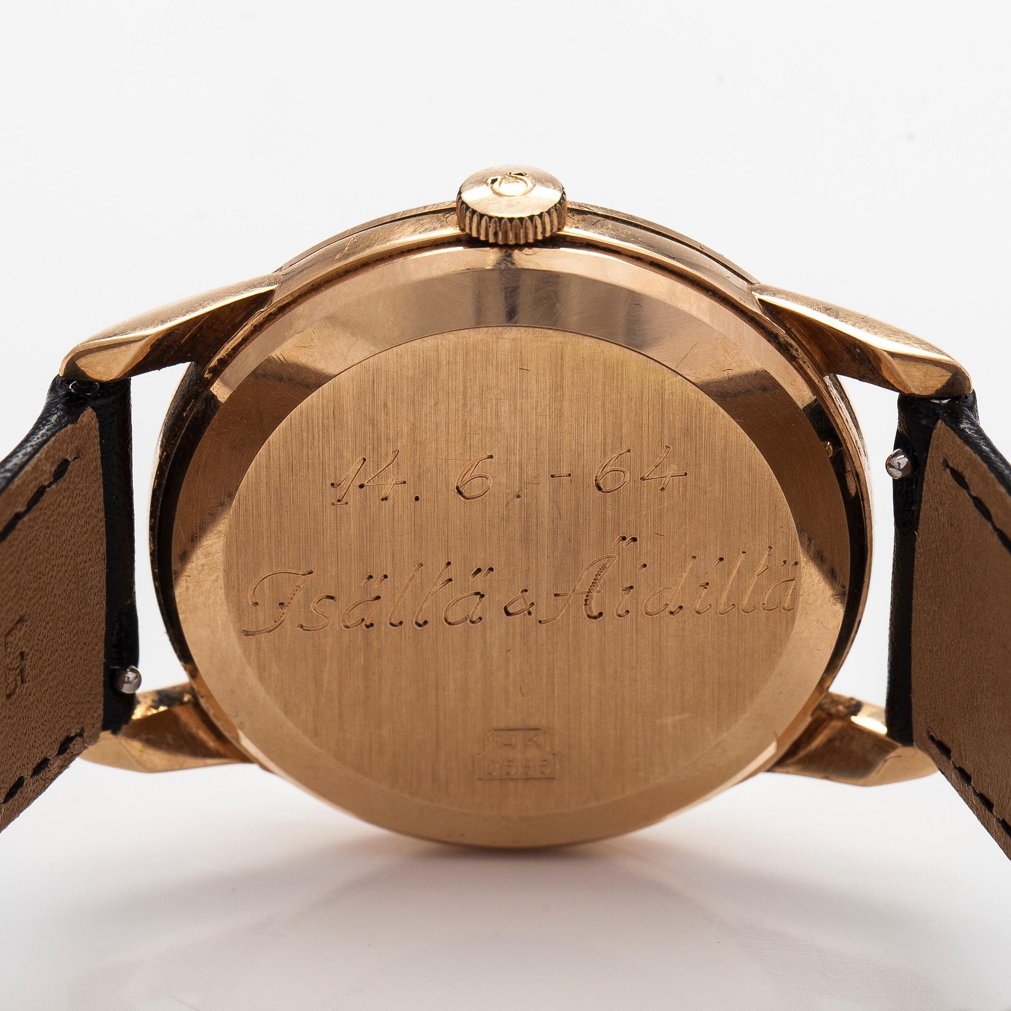 Omega, wristwatch, 35.5 mm, 14K, manual, plastic crystal, circa 1962.