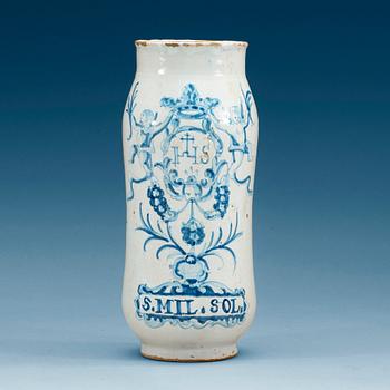 An armorial faience pharmaceutical jar, 18th Century.