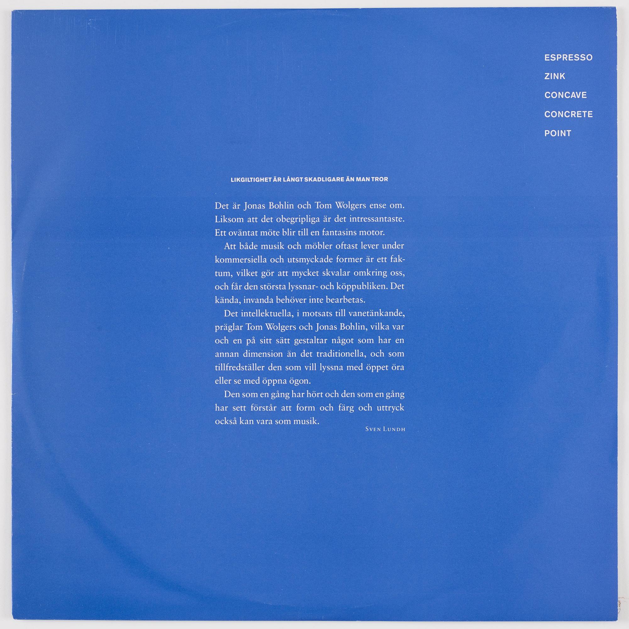 Tom Wolgers, "Sound Construction 4", ed. 500, an album for Jonas Bohlin's exhibition "Hommage", IVM – IVM 17, 1987.