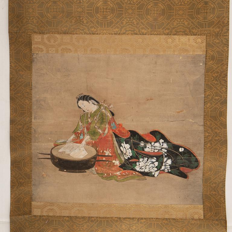 A Japanese scroll painting and a woodblock print in colours, around the year 1900 and 19th Century.