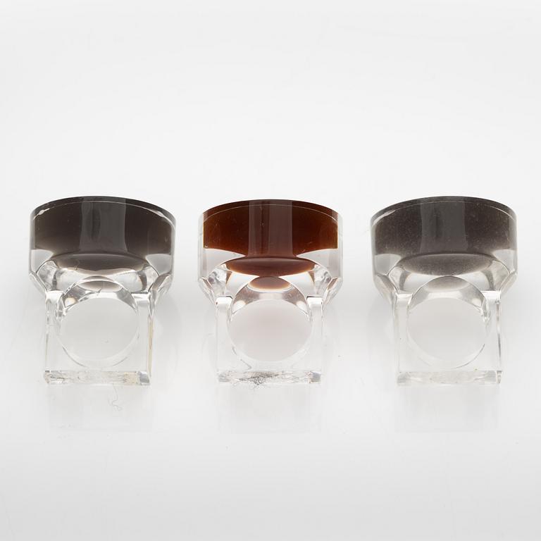 Siv Lagerström, three acrylic plastic rings. Engraved works from the 1970s.