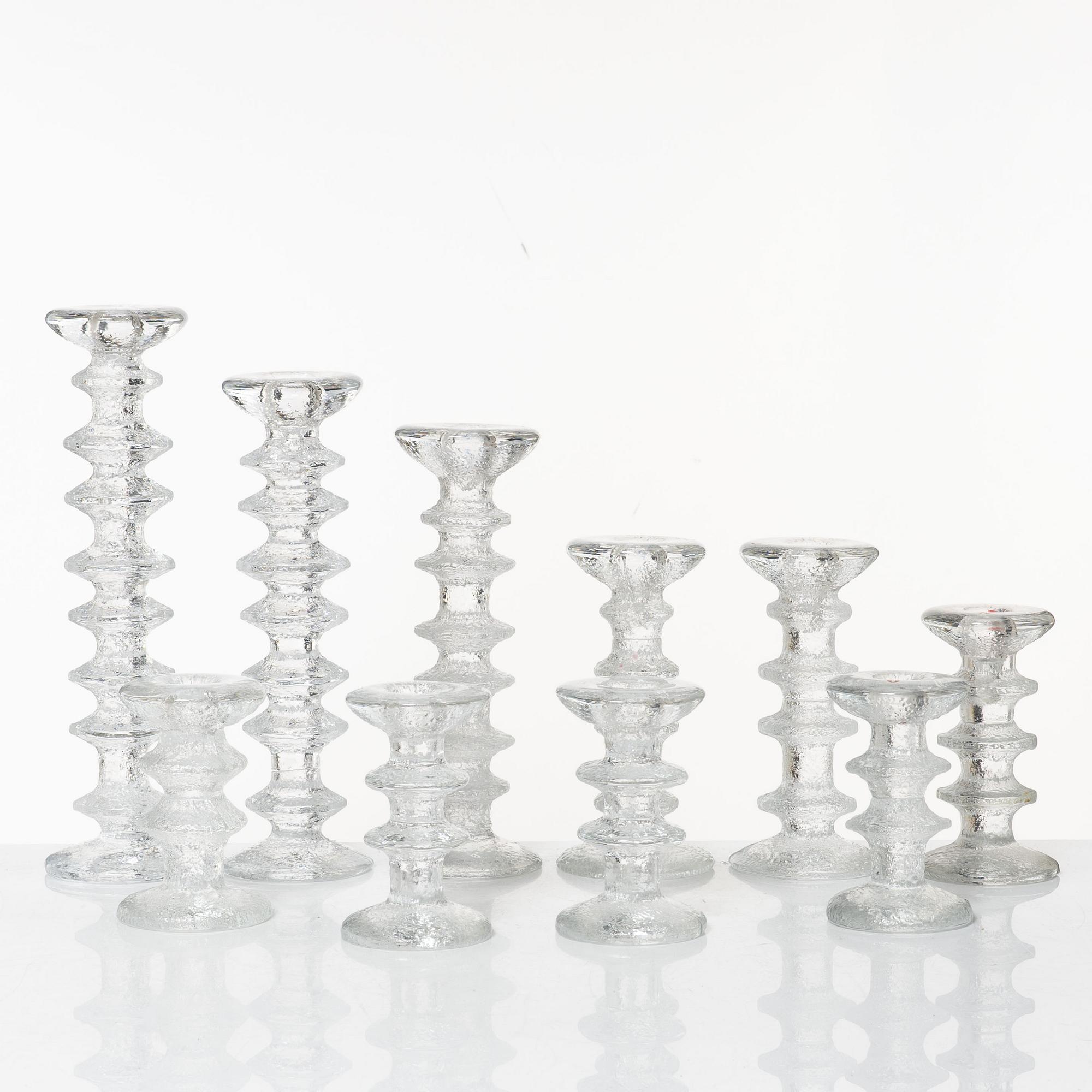 Timo Sarpaneva, a set of ten 'Festivo' glass candlesticks, Iittala, Finland.