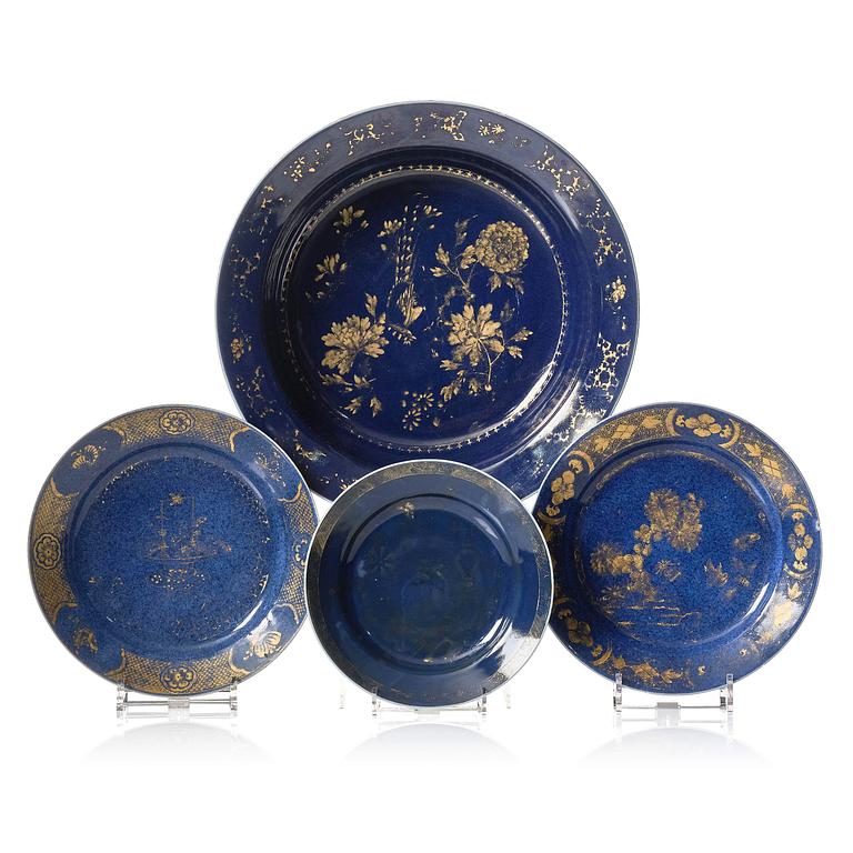 A powder blue basin and three plates, Qing dynasty, Qianlong (1736-95).