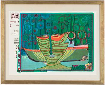 Friedensreich Hundertwasser · FRIEDENSREICH HUNDERTWASSER, färgserigrafi med metallprägling, numrerad 00555/3000.