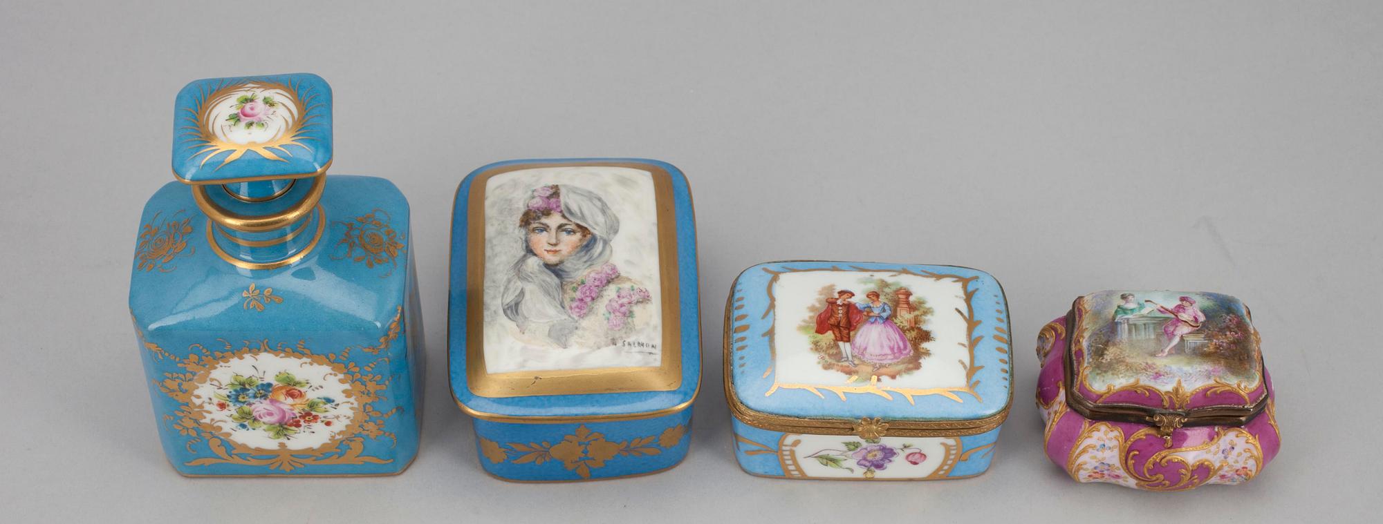 FLASKA samt ASKAR, 3 st, porslin, rokokostil, möjligen Frankrike 1900-tal.