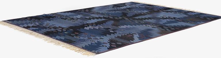 Barbro Nilsson, a carpet, 'Tånga blå', flat weave, c. 300 x 207 cm, signed AB MMF BN.