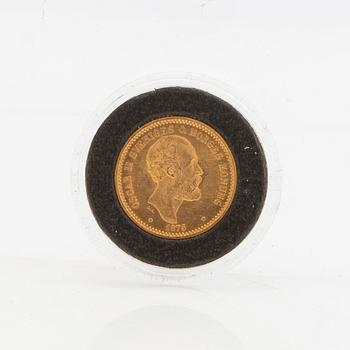 Gold coin Sweden, Oscar II 10 kr, 1874 over 1873.