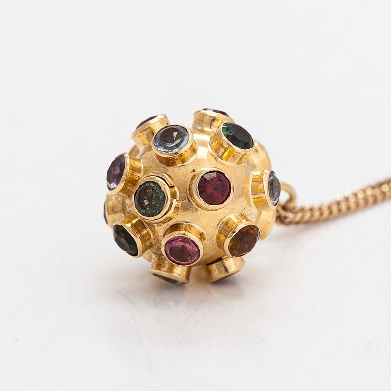 Pendant, sputnik model, 17K gold, with multicoloured gemstones, 14K gold chain.