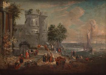 Dutch school, 17th/18th century, landscape with ruins and figures by the coast, a pair.