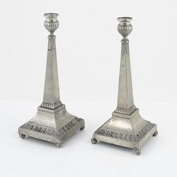 A pair of late Gustavian pewter candlesticks, mark of Magnus Bergman, Malmö 1809.