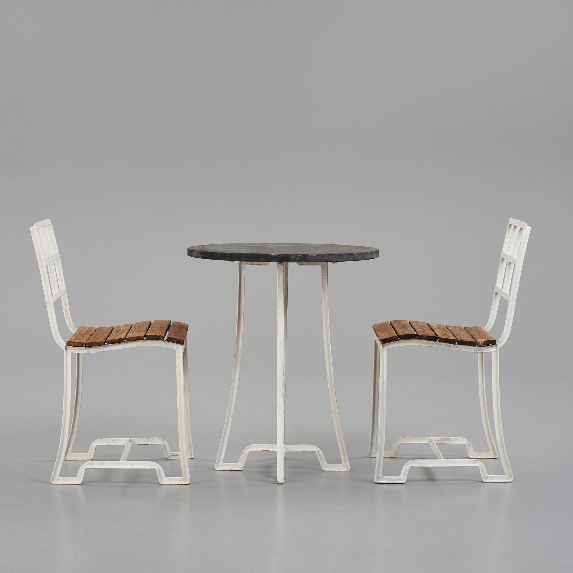 Carl Hörvik, a set of garden furniture, table with 2 chairs, for 'Stadshotellet Båstad' or 'Lindgården', Stockholm, ca 1927-1929.