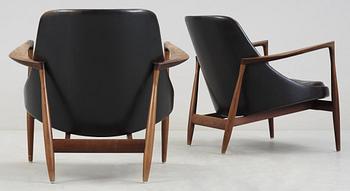 A pair of Ib Kofod Larsen palisander and black leather 'Elisabeth' easy chairs, Christensen & Larsen, Denmark 1950-60's.