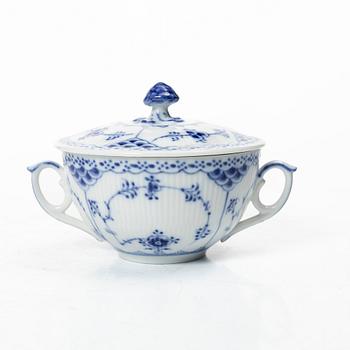 Royal Copenhagen, a set of nine consommé bowls with covers and saucers, and two cups without saucers, "Blue fluted half lace", 1960s.