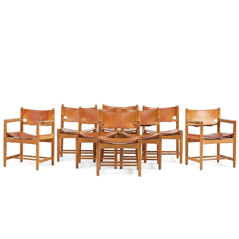 Børge Mogensen, a set of eight "Jagtspisestol"/"Spanish Dining" chairs model 3237 & 3238, Fredericia Stolefabrik, Denmark.