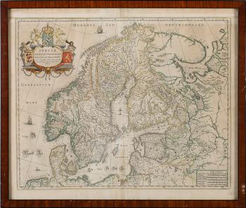 KARTA, handkolorerad, Andreae Buraei de Boo, efter, "Svecia, Dania et Norvegia, (1571-1646), 1700-tal.